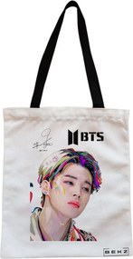 Sacosa de Panza pentru Cumparaturi, Geanta Tote, model BTS Jimin cu semnatura 3, Cu fermoar, 38x34.5 cm, Alba, BEKZ®
