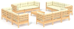 Set mobilier gradina cu perne crem,13 piese, lemn masiv de pin maro si crem, 1