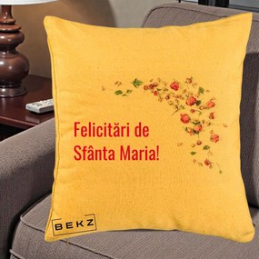 Cadou de Onomastica - Perna Personalizata Felicitari de Sfanta Maria, 40x40 cm, Galben, Husa Detasabila, Perna Inclusa, BEKZ®