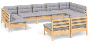 3097198 vidaXL Set mobilier de grădină cu perne gri, 9 piese, lemn masiv pin