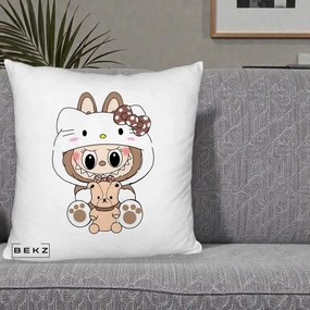 Perna Personalizata Labubu x Hello Kitty Maro-Vintage, 40x40 cm, Alb Pufos, Husa Detasabila, Perna Inclusa, BEKZ®