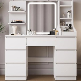 SEA820 - Set Masa toaleta 110 cm, cosmetica, machiaj, oglinda cu LED, masuta vanity, make-up - Alb / Negru
