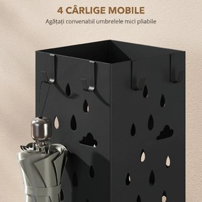 HOMCOM Suport de Umbrele Pătrat din Metal pentru Intrare, Suport Autoportant cu Tavă Detașabilă și 4 Cârlige, pentru Interior și Exterior, 15.5x15.5x49 cm, Negru | Aosom Romania