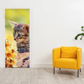 Fototapet pentru ușă - Pisoiaș privind floarea (95x205cm)