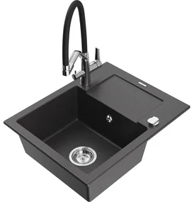 Mexen Enzo chiuvetă de granit cu o singură cuvă și scurgător și baterie bucătărie Duo, negru pătat - 6506-76-671701-07