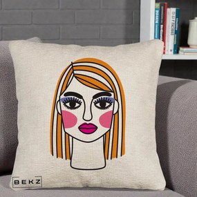 Perna Decorativa Portret Pop Art Fata, 40x40 cm, Bej Canapea, Husa Detasabila, Perna Inclusa, BEKZ®
