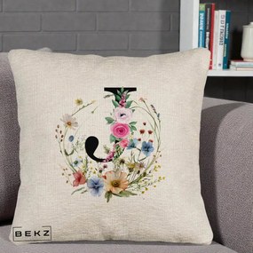 Cadou Personalizat - Perna Personalizata Monogram Litera J cu Flori Acuarela, 40x40 cm, Bej Canapea, Husa Detasabila, Perna Inclusa, BEKZ®