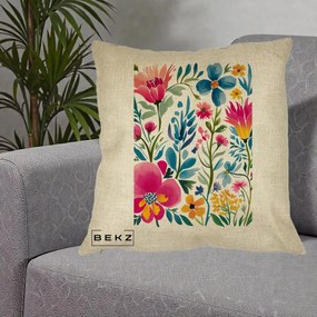 Perna Decorativa Gradina Florala Acuarela Colorata, 40x40 cm, Crem, Husa Detasabila, Perna Inclusa, BEKZ®