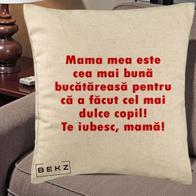 Cadou pentru Mama - Perna Personalizata Mama cea Mai Buna Bucatareasa, 40x40 cm, Bej, Husa Detasabila, Perna Inclusa, BEKZ®