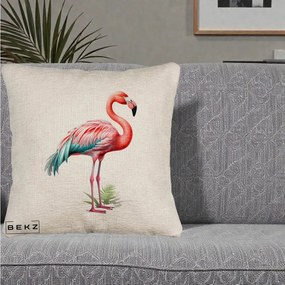 Perna Decorativa Flamingo Roz cu Pene Teal, 40x40 cm, Bej Canapea, Husa Detasabila, Perna Inclusa, BEKZ®