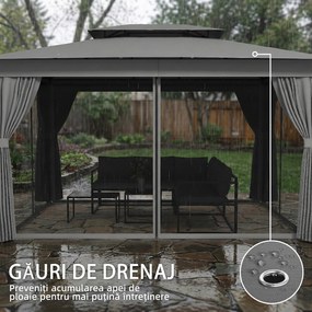 Outsunny Pavilion de Grădină 3,8x3 m cu Perdele, Plasă de Țânțari, Cârlige, Pavilion de Exterior cu Acoperiș Dublu, Orificii de Drenaj, Structură Metalică, pentru Grădină, Terasă, Petreceri, UV30+, Gri Închis | Aosom Romania