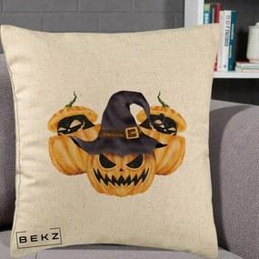 Perna Decorativa Trio Dovleci Jack-o-Lantern cu Palarie Vrajitoare, 40x40 cm, Bej, Husa Detasabila, Perna Inclusa, BEKZ®