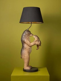 Lampă de masă din bumbac negru, cu structură din rășină maro în formă de urs cu pui, finisaj patinat, 60×36 cm, „Grizzly"