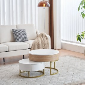 Set de Măsuțe de Cafea Suprapozabile Reglabile pe Înălțime cu Două Sertare, Design Elegant din MDF, 70x70x42/56,5 + 60x60x24 cm, Alb
