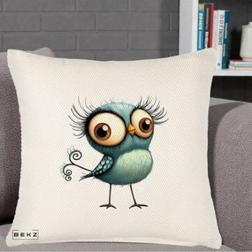 Perna Decorativa Pasare Teal cu Gene si Coada Spiralata, 40x40 cm, Crem Reliefat, Husa Detasabila, Perna Inclusa, BEKZ®