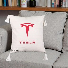 Perna Personalizata cu emblema Tesla, 40x40 cm, Bej cu Franjuri, Husa Detasabila, Perna Inclusa, BEKZ®
