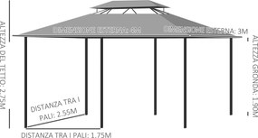Outsunny Gazebo 4x3 m cu 6 Perdele și Acoperiș cu 2 Niveluri, din Oțel și Poliester, Gri Închis | Aosom Romania