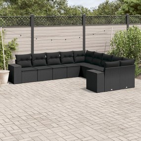 3255442 vidaXL Set canapele de grădină cu perne, 10 piese, negru, poliratan