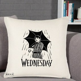 Perna Personalizata Wednesday cu Umbrela Ploaie Lineart, 40x40 cm, Crem Reliefat, Husa Detasabila, Perna Inclusa, BEKZ®