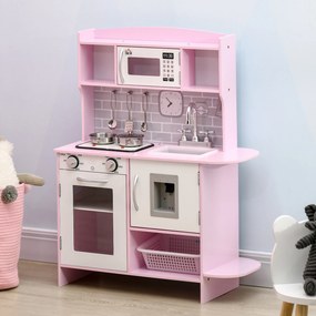 HOMCOM Bucătărie de Jucărie pentru Copii, cu Lumini și Sunete, Dozator Apă, Chiuvetă și Accesorii, MDF, PP, Roz | Aosom Romania