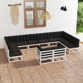 3077275 vidaXL Set mobilier grădină cu perne, 12 piese, alb, lemn masiv de pin