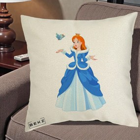 Perna Personalizata Printesa Albastra cu Pasare, 40x40 cm, Ecru, Husa Detasabila, Perna Inclusa, BEKZ®