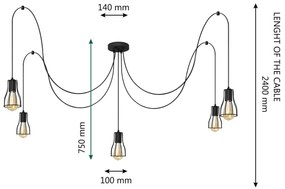 Lustră pe cablu TUBE LONG 5xE27/10W/230V negru