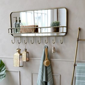 Oglindă cu raft și 8 agățători, din metal și sticlă, finisaj alamă antichizată, H 44.5 cm