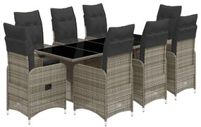 3277041 vidaXL Set bistro de grădină cu perne, 9 piese, gri, poliratan