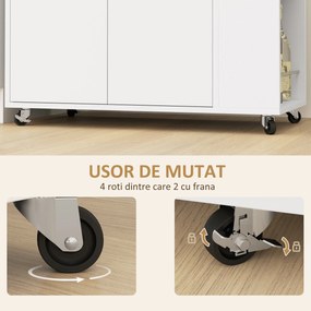 HOMCOM Cărucior de Bucătărie cu Raft Deschis, Dulăpior cu 2 Uși și Raft Lateral pe 2 Niveluri, 75x40x80,5 cm, Alb | Aosom Romania