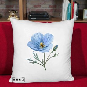 Perna Decorativa Mac Albastru Acuarela, 40x40 cm, Alb Pufos, Husa Detasabila, Perna Inclusa, BEKZ®