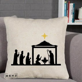 Perna Decorativa Nasterea Pruncului Silueta Neagra si Stea Aurie, 40x40 cm, Bej Canapea, Husa Detasabila, Perna Inclusa, BEKZ®