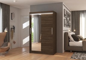 Dulap cu usi glisante si oglinda + iluminare LED, Bario 120 + LED, 120 cmx200 cmx58 cm, ADRK Furniture (Culoare: Ciocolata)