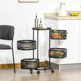 Carucior utilitar rulant cu cosuri metalice rotative, 4 niveluri de depozitare, otel si plastic PP, Negru 33x33x77cm HOMCOM | Aosom Romania