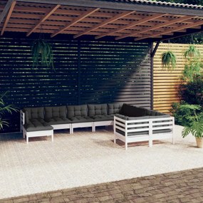 3097032 vidaXL Set mobilier grădină cu perne, 10 piese, alb, lemn de pin
