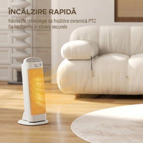 HOMCOM Sobă Electrică Ceramică 2000W, 4 Moduri și Încălzire Reglabilă, Oscilație 55°, Alb | Aosom Romania