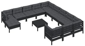 Set mobilier gradina cu perne, 13 piese, negru, lemn de pin Negru, 13