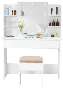 Set FRANCESCA – Masă de Toaletă pentru Machiaj, Oglinda Iluminata, Becuri LED, Sertar triplu, Polițe, Scaun, Alb