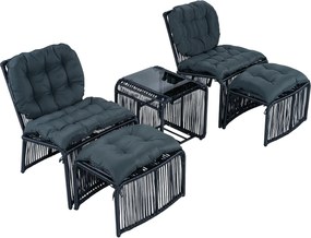 Set mobilier de grădină de exterior în 5 piese, set lounge pentru balcon cu 2 scaune, 2 taburete și masă cu blat din sticlă, Negru+Gri