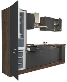 Mobilă de bucătărie Yorki 280, corp din stejar Yorki, față antracit satinat, frigider cu congelator în partea de jos