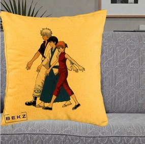 Perna Personalizata Gintama Trio Gintoki Shinpachi Kagura, 40x40 cm, Galben, Husa Detasabila, Perna Inclusa, BEKZ®