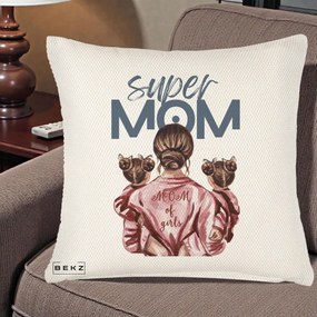 Cadou pentru Mama - Perna Personalizata Super Mom of Girls Mama cu Gemene, 40x40 cm, Crem Reliefat, Husa Detasabila, Perna Inclusa, BEKZ®