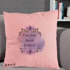 Cadou pentru Bunica - Perna Personalizata Cea Mai Buna Bunica Flori Mov Acuarela Negru, 40x40 cm, Roz, Husa Detasabila, Perna Inclusa, BEKZ®