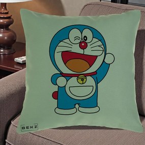 Perna Personalizata Doraemon Salutand, 40x40 cm, Verde, Husa Detasabila, Perna Inclusa, BEKZ®