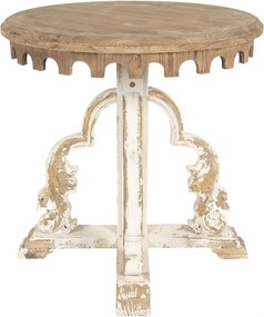 Măsuță laterală sculptată, rotundă, din lemn, natur și alb, cu bordură în arcade și console cu volute, finisaj antichizat, 81 x 80 cm, „Éléonore”