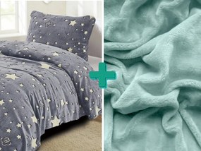Lenjerie de pat fosforescenta din microplus UNIVERSE gri + cearsaf din microplus SOFT 90x200 cm mentol