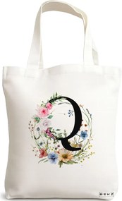Sacosa de Panza pentru Cumparaturi, Geanta Tote, Cu litera Q in Coronita Florala, 38x34.5 cm, Alba, BEKZ®