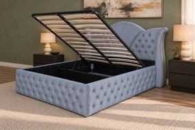 Pat tapițat Chesterfield din catifea Velora Deluxe Classic 160×200 cm, gri deschis, cu ladă de depozitare