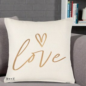 Perna Decorativa Love Caligrafie Aurie, 40x40 cm, Crem Reliefat, Husa Detasabila, Perna Inclusa, BEKZ®