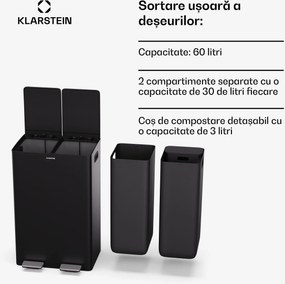 Klarstein EcoVista, coș de gunoi cu composter, 60 l + 3 l/coș + composter, Soft-Close
